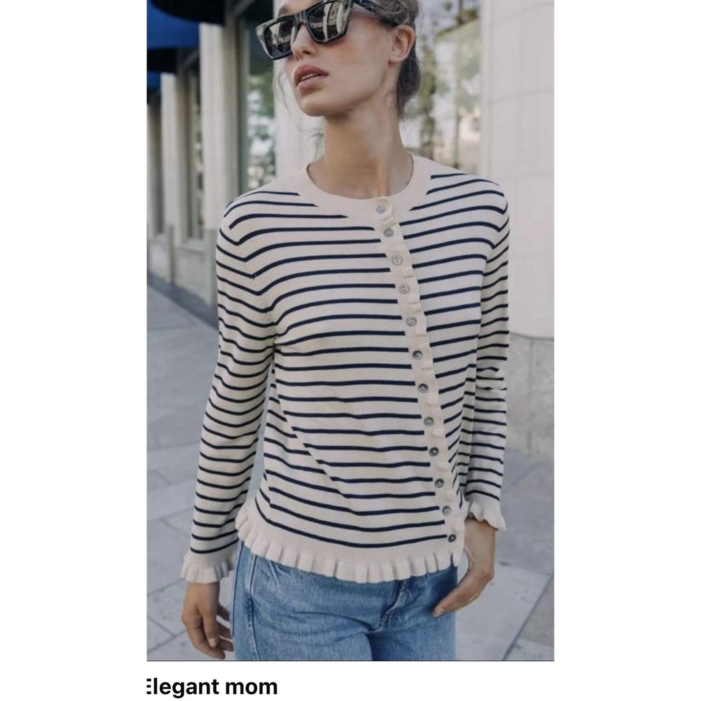 Zara Striped Ruffle Trim Knit Cardigan Sweater Cream Navy Blue Sz Large